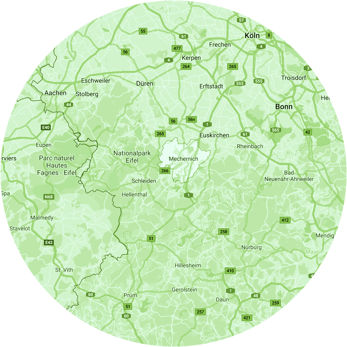 Karte des Einzugsgebiets rund um Schleiden: von Köln und Bonn im Norden über Aachen im Westen bis in die Eifel mit Prüm, Daun und Mayen im Süden.